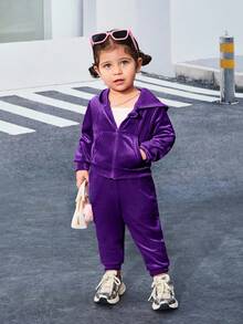 SHEIN Babygirl 天鹅绒长袖连帽夹克和松紧腰裤套装，时尚可爱 - 紫色 - 查看 4