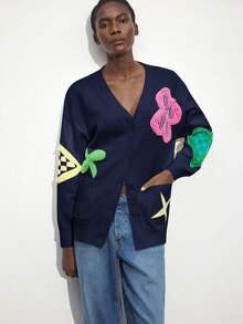 Maija Damski luźny kardigan z dzianiny w kwiaty, wzór jesienny/zimowy, uniwersalny, idealny do miejskich dojazdów, na co dzień, do biura, elegancki na imprezy i spotkania