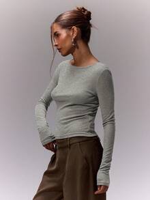 MUSERA 修身长袖上衣 休闲可爱 度假机场休闲返校秋冬优雅 - 淺灰色 - 查看 3