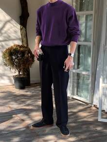 Claim Dot Áo len dệt kim tay dài cổ đứng trễ vai màu trơn cỡ lớn cho nam, mùa thu/đông - Màu tím - Xem 4