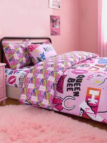 Mean Girls X SHEIN 3 pezzi Set biancheria da letto con stampa "Bad Girl" in materiale morbido e caldo, copripiumino colorato, adatto per letti singoli/matrimoniali/queen/king