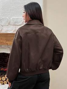 SHEIN EZwear Drop Shoulder Long Sleeve Zip Up Red PU Leather Jacket In Fall/Winter Brown Jacket Women Crop Jacket Jacket Y2k - Chocolate Brown - View 2