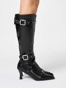 ROMWE Grunge Punk 2025春秋新款女士尖头铆钉扣带高筒靴，真皮高跟及膝靴 - 黑色 - 查看 4