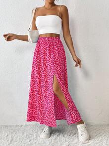 SHEIN PETITE CURVE 加大码女式碎花高开衩裙，夏季女式夏季高开衩长裙，适合身材较矮的度假乡村音乐会人士 - 玫紅色 - 查看 4