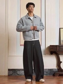 SWAVVY Men's Casual Solid Color Overcoat, Fall Winter - Light Grey - View 3