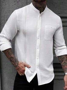 Manfinity CasualCool Áo sơ mi tay dài cổ đứng túi màu trắng họa tiết thường ngày Manfinity Casual Cool dành cho nam Áo sơ mi tay dài cổ đứng vải lanh trắng dành cho nam Áo sơ mi vải lanh nam Áo sơ mi họa tiết dành cho nam Áo sơ mi trắng nam, Áo dài tay, Quần áo ngoài trời mùa thu 2025 dành cho nam, Dành cho mùa thu - trắng - Xem 5