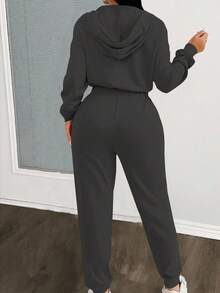 Eryvara Women's Autumn Long Sleeve Casual Color Block Drawstring Hooded Jumpsuit Fall Cloth For Women - Dark Grey - View 2