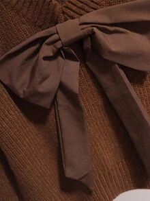 SHEIN Franclia Bow Knit Sweater, Casual Chic Maillard Coffee Color Top