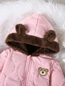 SHEIN Baby Girl Hooded Jumpsuit, Thick Jumpsuit With Bear Ear Hood Design And Bear Graphic, Zipper Closure, Suitable For 0-3 Years Old, Diamond Quilted, Soft Touch, Suitable For Outdoor Activities, Family Gatherings, Autumn/Winter Fall - Pink - View 4