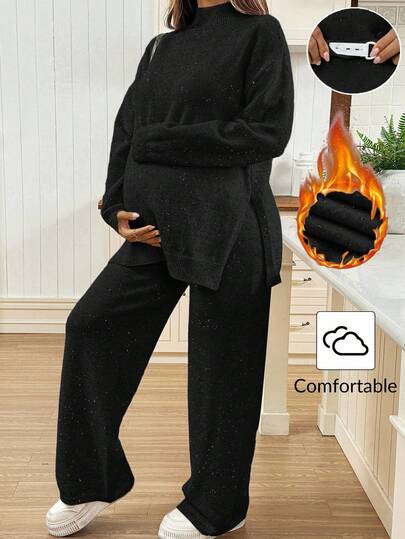 SHEIN 孕妇装简约纯色高领长袖毛衣和裤子套装，休闲日常穿着