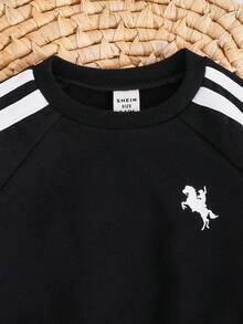 SHEIN 2 件套男婴/女婴秋冬长袖运动衫和慢跑裤套装，舒适百搭休闲日常时尚运动简约百搭，适合室内、户外、日常、运动、玩耍、派对、拍照、度假、所有季节 - 黑色 - 查看 4