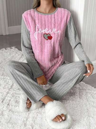 EURMUSE Women Fuxxy Fabric With Letter Heart Embroidery Detail Rib Knit Long Sleeve Shirt&Pants Homewear Pajama Set Cute Sleep Set Cute Sleep Wear Women Heart Pajama Set Comfy Pajamas Set Pajama Sets For Women Winter
