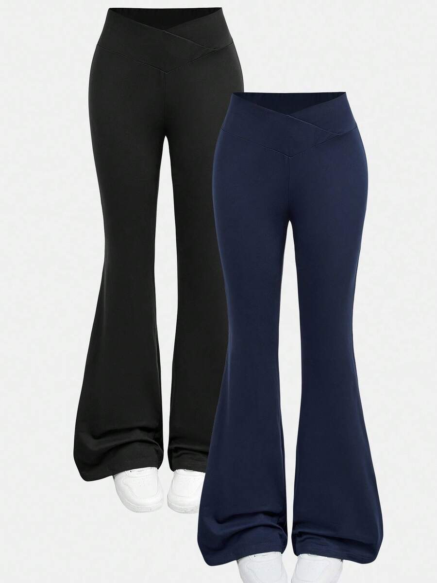 Girlism 2pcs/Set Teen Girls' Basic Mid-Calf Flare Leggings, Black & Navy Blue Waist Criss-Cross Design Skinny Casual Flare Pants Set Bell Bottom Pants Pants Flare Leg Flare Pants Teen Girls Girls Sports Knit Flared Pants Flared Leggings - Navy Blue - View 1