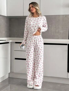 EURMUSE Women Cotton Rib Knit With Flower Patterned Long Sleeve&Pants Homewear Comfort Lounge Pajama Set For Ladies Pj Sets For Women Long Sleeve Women Lounge Set Comfy Pajamas Set Women's Lounge Set - White - View 5
