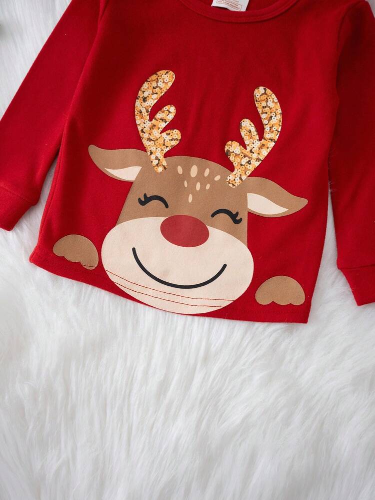 Cozy Pixies Conjunto de pijama de 2 piezas para bebé niña con parte superior de cuello redondo de manga larga y leggings de cintura elástica con estampado de renos navideños - Rojo - Añade 3