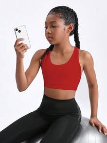 SHEIN Tween Girls' Solid Color Crossback Sports Tank Top - Red - View 3