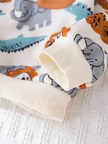 Cozy Pixies 2 件套男婴卡通动物印花针织柔软圆领长袖套头衫和松紧腰裤套装 - 棕色 - 查看 4