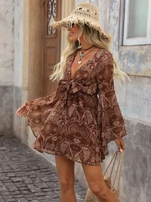 Brillora Combinaison-robe imprimée tissée à col en V avec nœud devant et manches évasées pour femmes, robes casual pour femmes