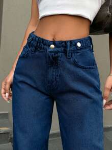 EURMUSE Low Waist Button Detailed Snow Wash Straight Cut Jean - Dark Wash - View 3