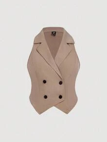 SHEIN MOD Bộ 2 món áo khoác vest và quần dài thanh lịch mặc hàng ngày cỡ lớn - Màu Khaki - Xem 8