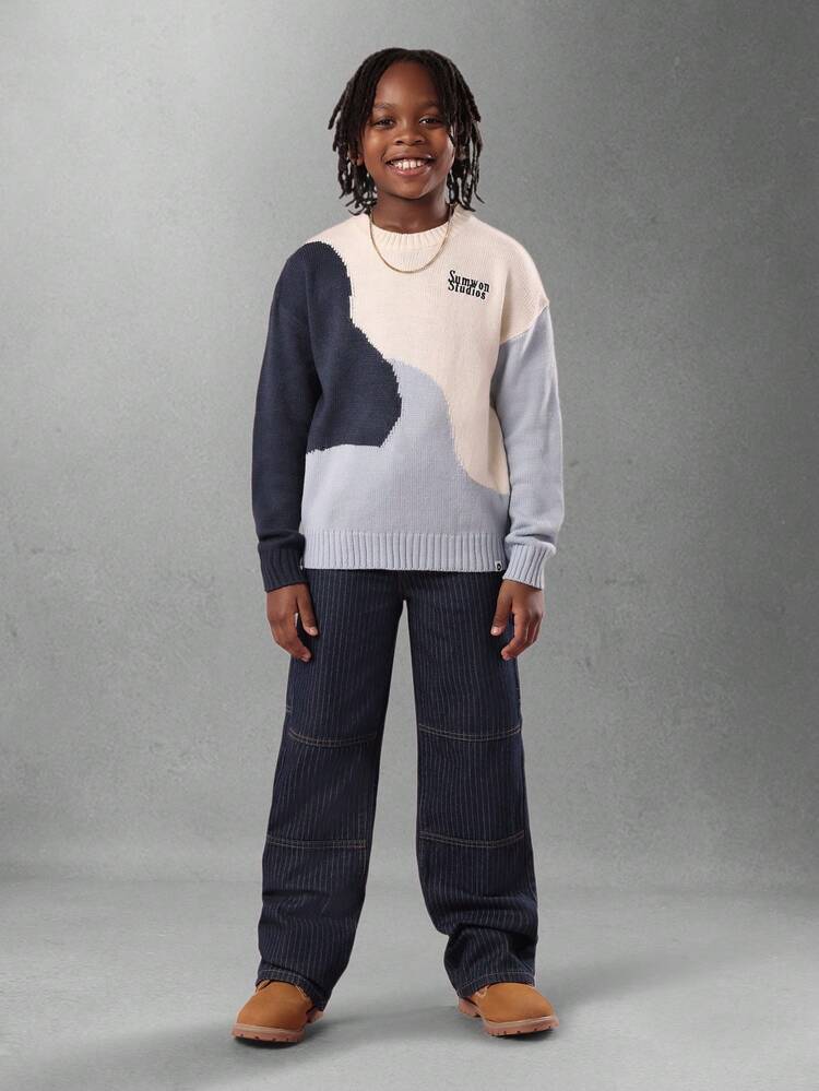 Color Block Knit Sweater With Logo Embroidery