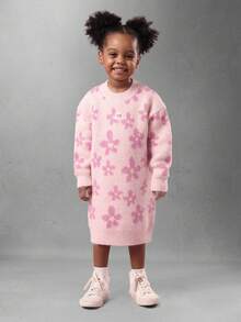 SUMWON Robe pull en tricot à imprimé floral d'hiver pour filles, manches longues, confortable et chaud, pour les fêtes, les occasions spéciales, avec patch papillon rose - Rose pâle - Voir 1