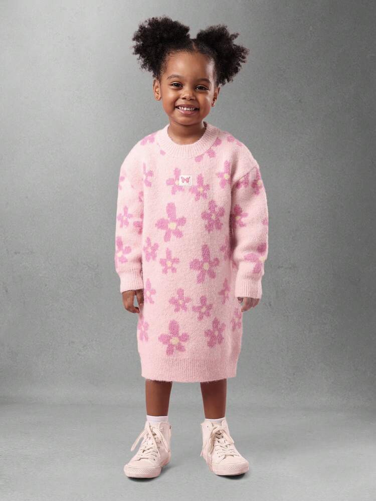 Floral Print Knit Sweater Dress With Butterfly Patch