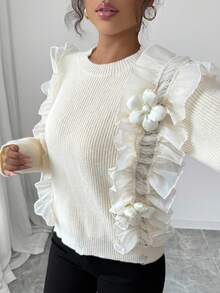 Selianne 女士优雅休闲 3D 花卉荷叶边下摆宽松针织毛衣，秋冬 - 杏色 - 查看 3