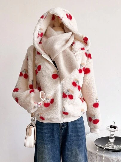 Abrigo informal de manga larga con cremallera y estampado de cerezas para niñas preadolescentes