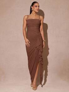 Silquee Elegant Sage Green Romantic Ruffle Sleeve High Slit Dress, Lace Bodycon Party Dress For Women, Suitable For Valentine's Day, Date, Wedding, Prom - Brown - View 3