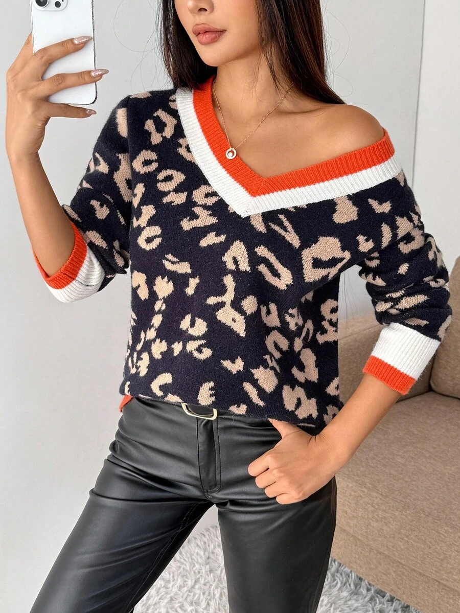 EMERY ROSE Áo len họa tiết da báo cổ chữ V phối màu đơn giản dành cho nữ, Thu/Đông - Xanh đậm - Xem 1