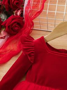 SHEIN Babygirl 优雅天鹅绒和网眼拼布长袖连衣裙 - 紅色 - 查看 5