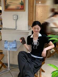 DAZY 女士拼色短袖休闲T恤 - 黑色 - 查看 5