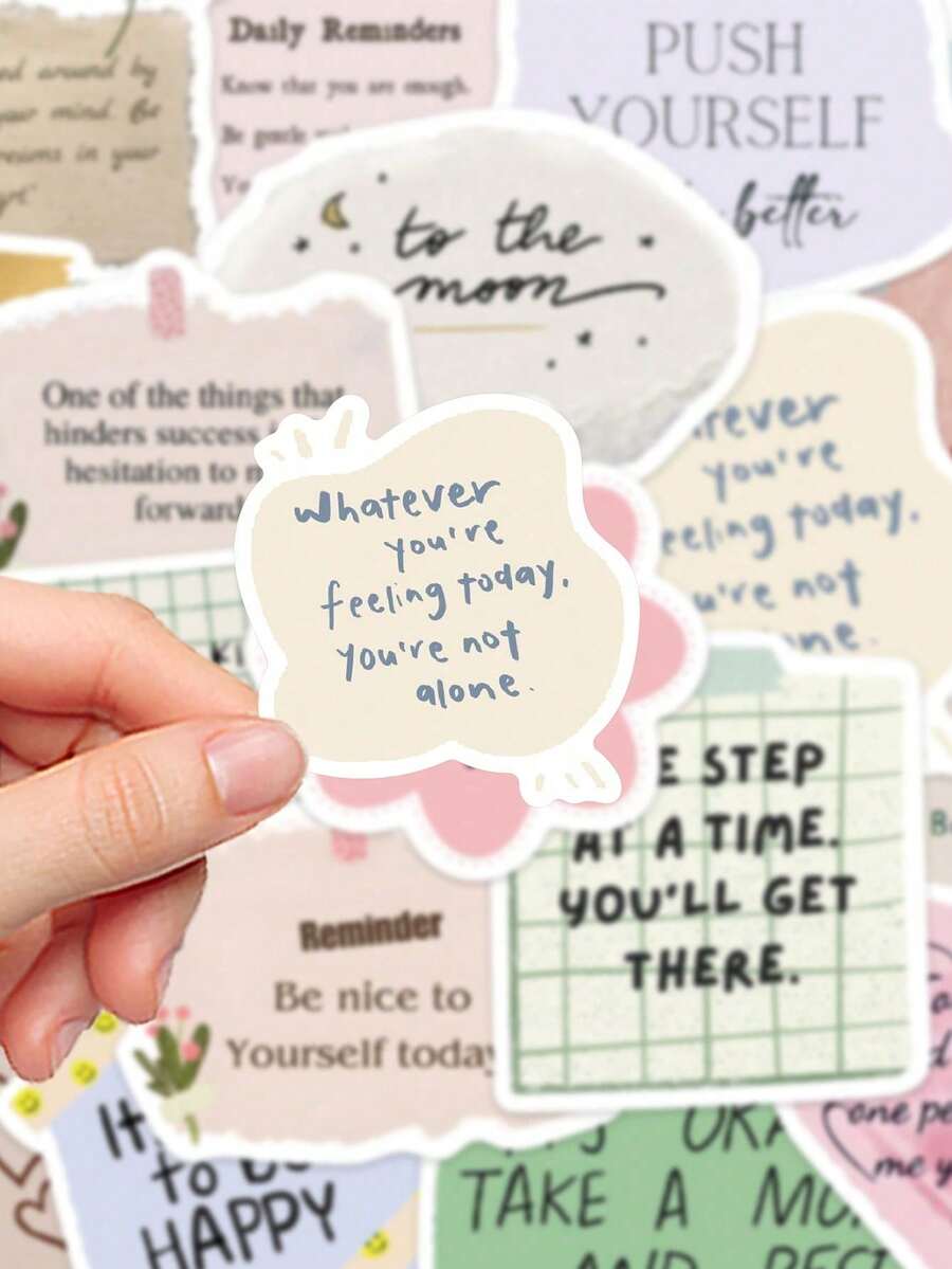 SHEIN 50pcs Debris In English Stickers Laptop Handbook Cell Phone Case Decorative Stickers Back To School Fragmented Text Stickers, Inspirational English Short Sentences Stickers, DIY Booklet, Luggage, Notebook Stickers - Multicolor - View 1