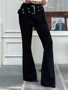 Muchica Women's New Low-Waist Elastic Flare Pants With Eyelets, Y2K Outfits,Streetwear