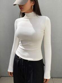 DAZY 女士休闲纯色立领保暖内衬 T 恤，秋冬长袖女上衣，秋季女装 - 米色 - 查看 2