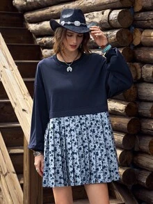 Vestido de sudadera casual de cuello redondo 2 en 1 con estampado de patchwork suelto para mujer de LanaWest