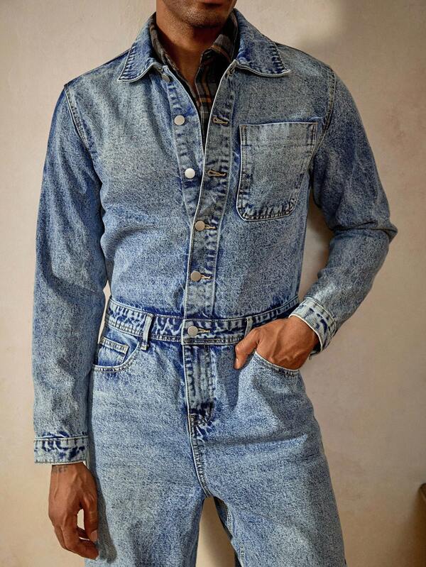 RivetRise Mono de diseñador de corte slim con lavado azul casual para hombre, primavera/otoño