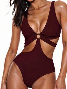 Swim Basics Traje de baño de una pieza para mujer con escote en V profundo, recorte sexy y espalda descubierta, para usar en la playa y de vacaciones de verano