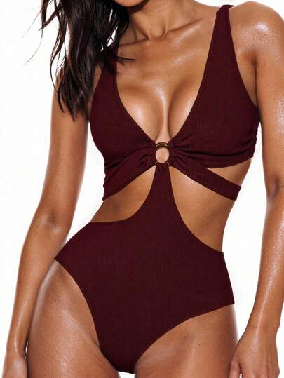 Swim Basics Maillot de bain une-pièce pour femmes à col V profond, ajouré et sexy avec dos nu, pour l'été et les vacances à la plage