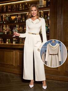 SHEIN Clasi 女士优雅高端低胸收腰缎面连体裤，修身版型，适合日常场合和聚会，秋季 - 杏色 - 查看 3