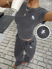 Muchica Women's Black Knit Casual Embroidered T-Shirt & Pants Set Two Piece Set Women Comfy Y2k 2 Piece Set Grey 2 Piece Set 2 Piece Casual Sets Woman - Grey - View 6