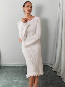 Modelyn Women's Elegant Solid Color Ruffle Flare Sleeve Knit Dress - White - View 6