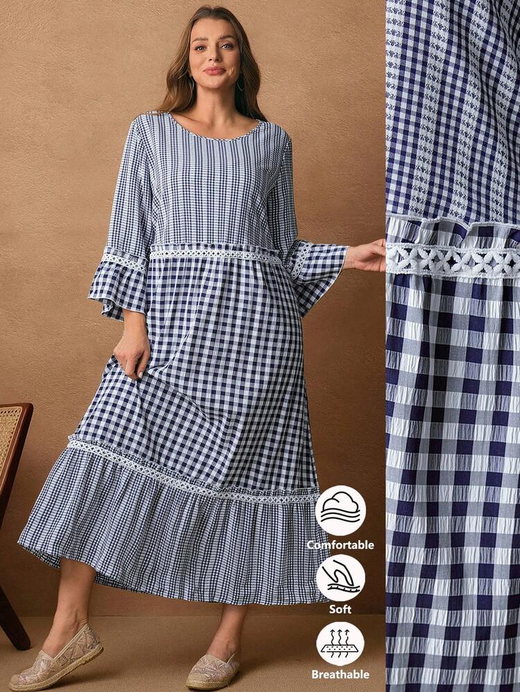 Abiti invernali taglie forti per donna, completi da vacanza, costumi da donna, abito casual lungo e ampio da donna con maniche a sbuffo, volant e righe, abiti a quadri blu e bianchi per donna, nuova collezione 2025