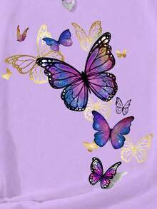 SHEIN Tween Girl Butterfly Print Round Neck Short Sleeve Casual T-Shirt - Purple - View 3