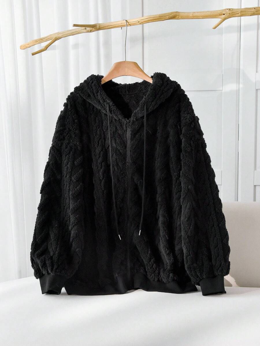 SHEIN CURVE+ 冬季衣服大码秋冬季超加厚双抓绒连帽棉服保暖外套女秋季女几何图案双面连帽抓绒度假/秋冬