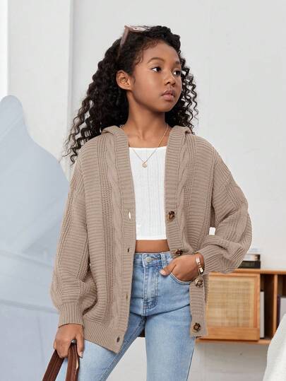SHEIN Mädchen Lässige Loose Fit Kapuzen Langarm Strickjacke Mädchen Strickjacke Große Mädchen Strickjacke Strickjacke Tween-Mädchen Mädchen Sommerjacke Erdige Kleidung Teenager, im Herbst/Winter/Herbst