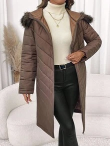 SHEIN Clasi معطف نسائي أنيق بغطاء رأس مبطن بنمط السمكة الهرنجية، معطف مبطن متوسط الطول للخريف/الشتاء - بني فاتح - مشاهدة 5