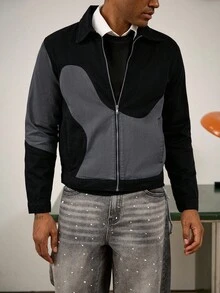 Manfinity Homme Áo khoác denim rách chắp vá màu xám và đen tương phản phong cách đường phố giản dị, mùa thu/xuân - Nhiều màu - Xem 6