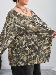 SHEIN CURVE+ Plus Size Women's Y2K Pattern Elastic Off-Shoulder Sports T-Shirt/Autumn /Winter